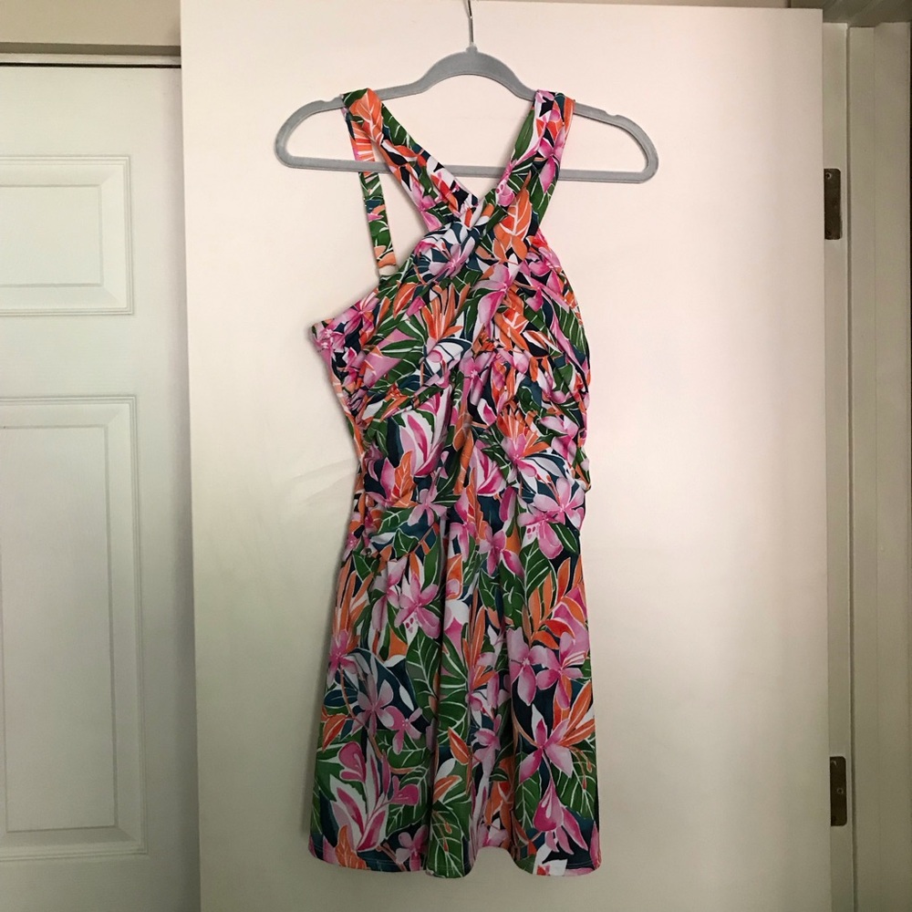 Swimsuits For All swim suit dress 16 tropical halter hibiscus ruching one-piece